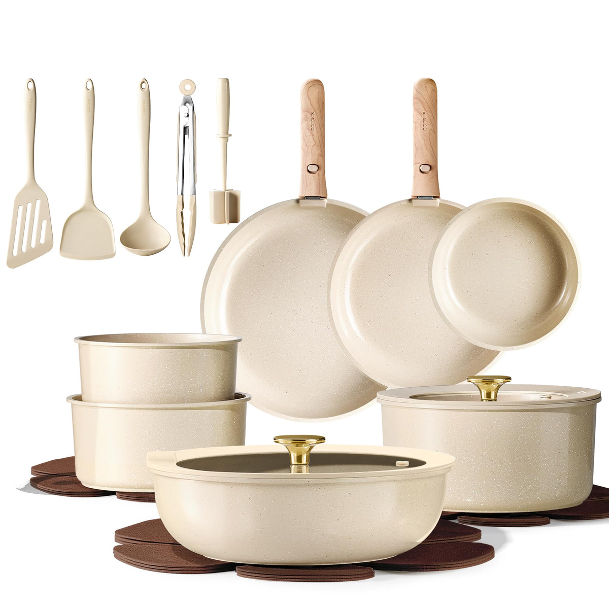 CAROTE 22pcs pots and pans set on countertop, versatile for weeknight meals