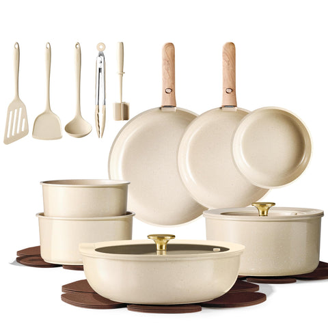 CAROTE 22pcs pots and pans set on countertop, versatile for weeknight meals