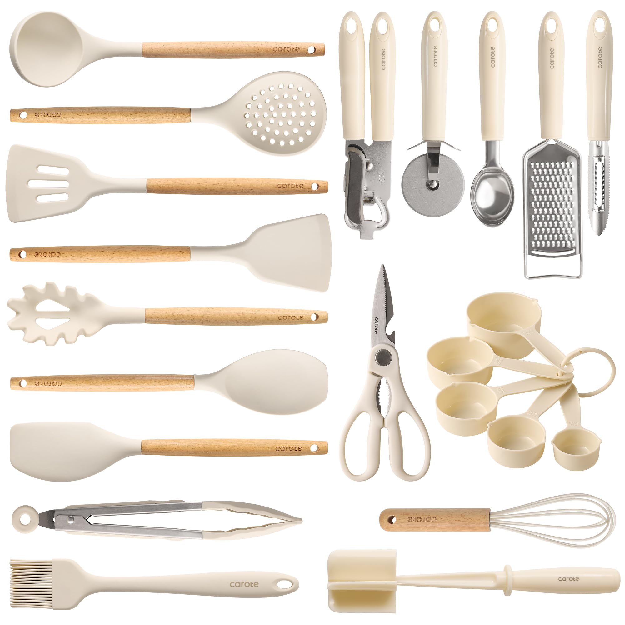 CAROTE 22pc silicone utensils set with spatula—gentle on non-stick pans.