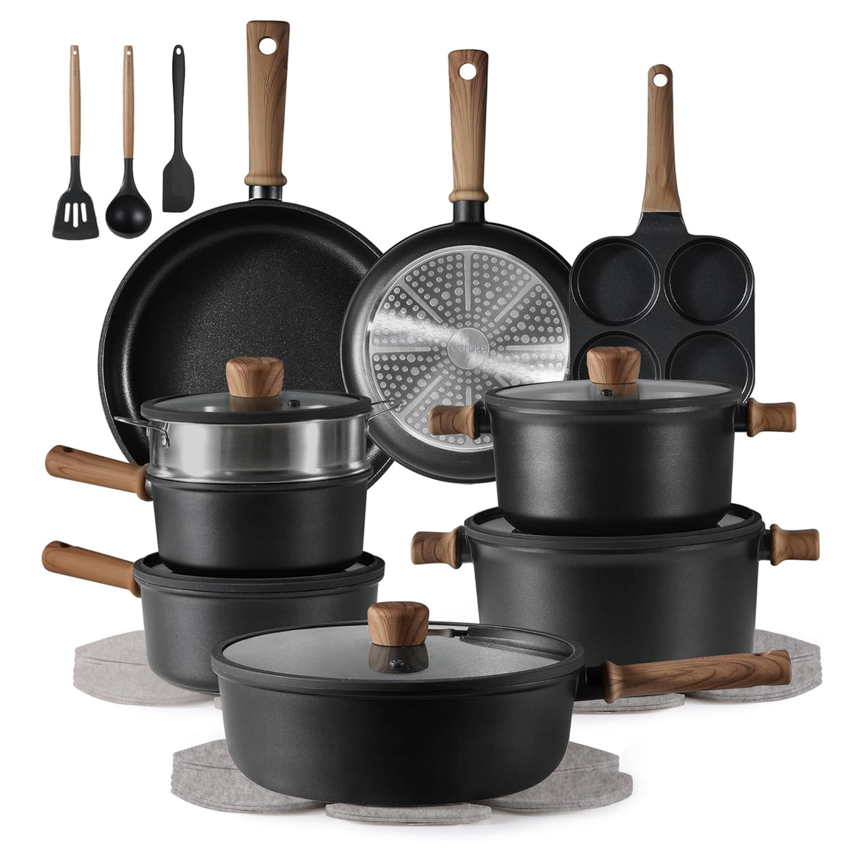 CAROTE 24pc nonstick set fry pans with lids for easy food release.