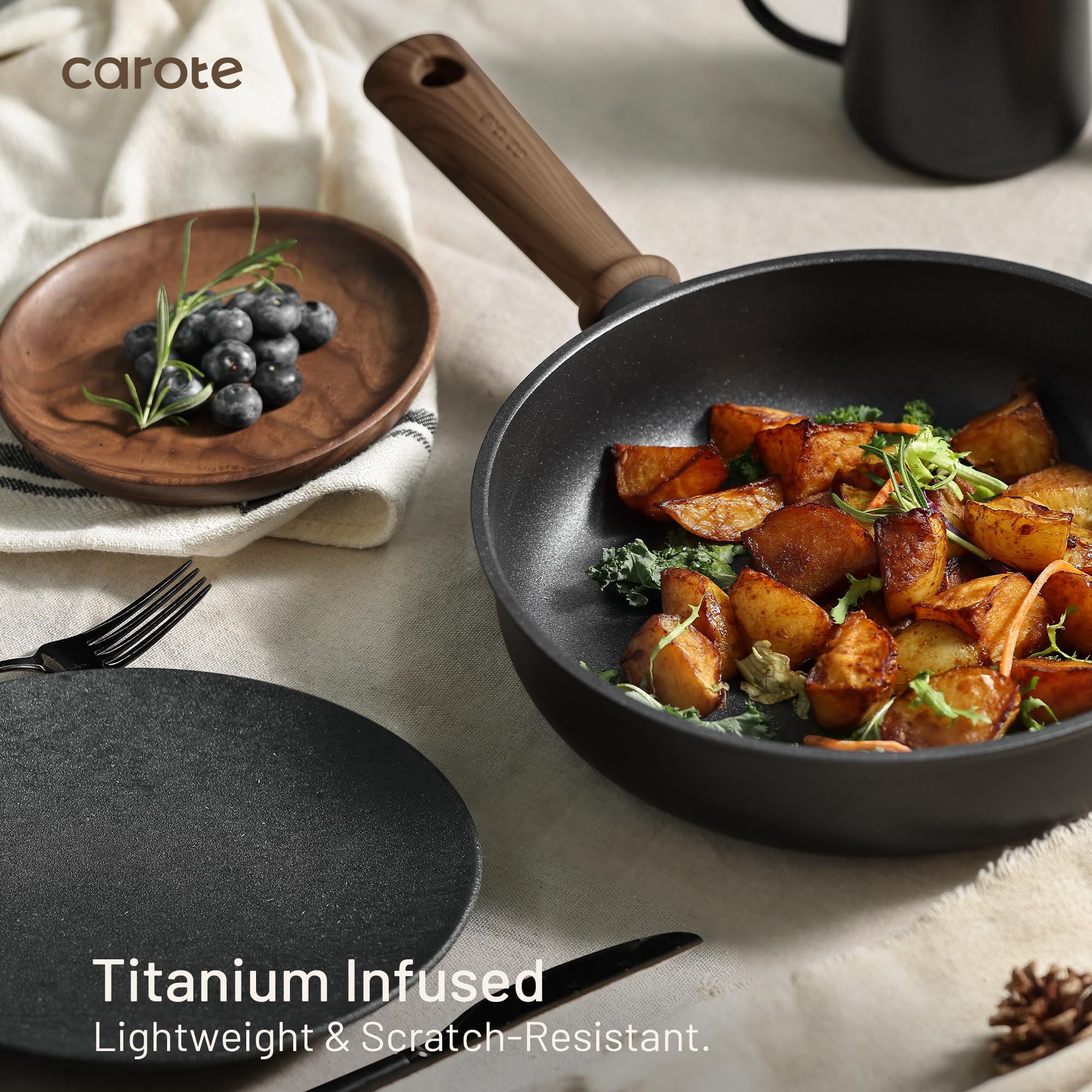 CAROTE titanium nonstick coating closeup emphasizes durable, easy food release.