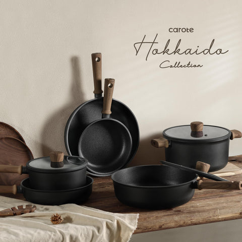 CAROTE utensil set and pan protectors help organized kitchen storage.