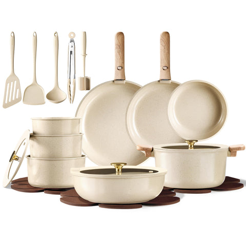 CAROTE 25pcs ceramic cookware set with removable handles for versatile kitchen use.