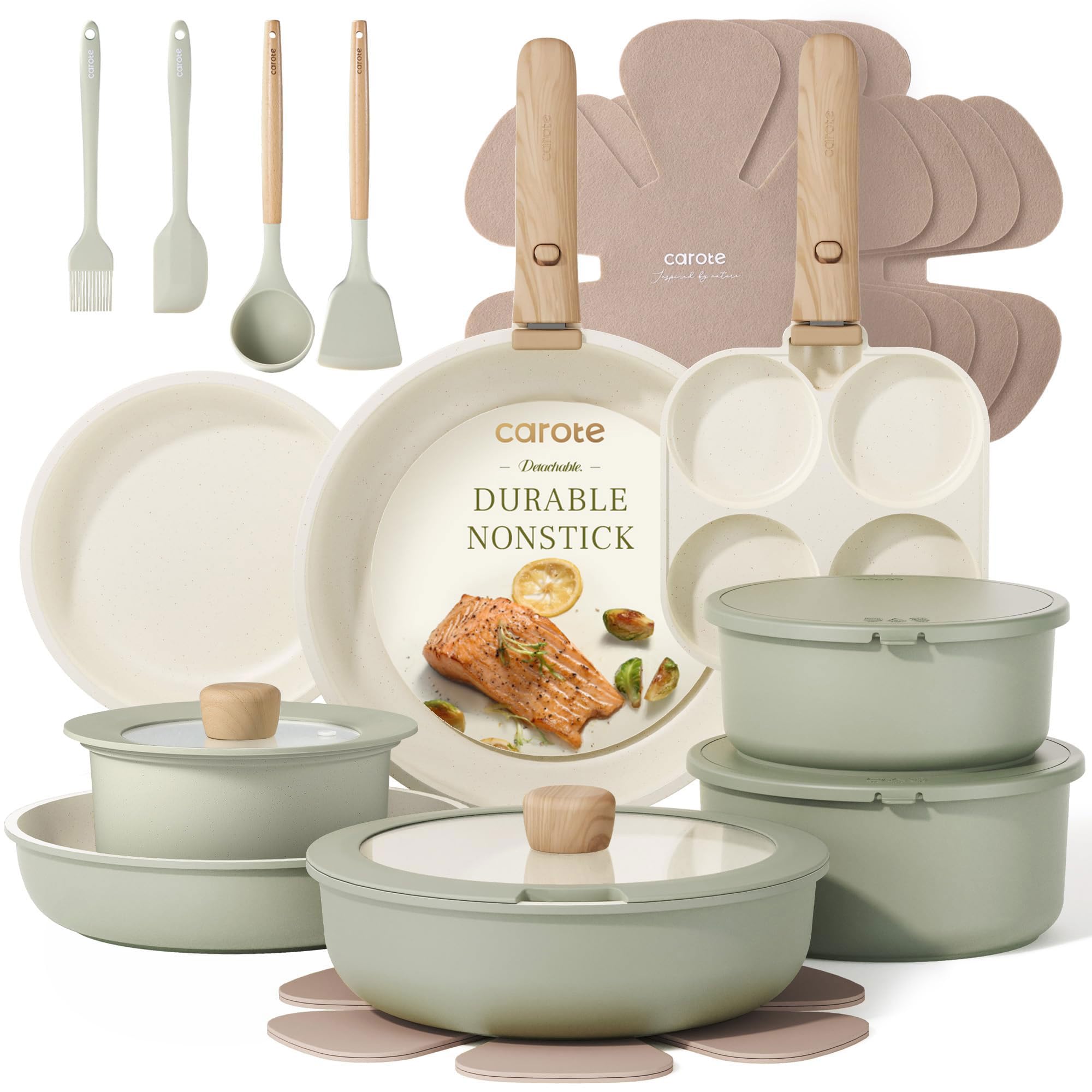 CAROTE 25-piece pots and pans set with detachable handle for compact storage