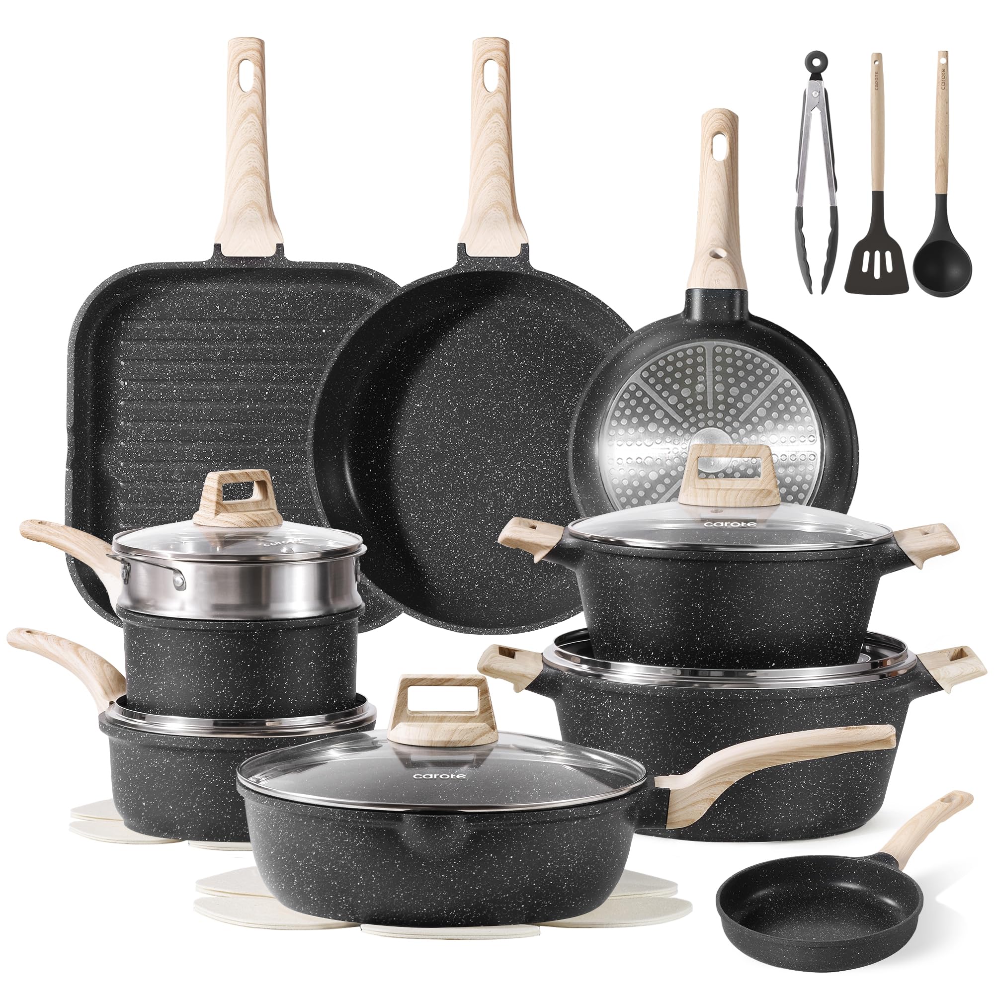 CAROTE 26Pcs Pots and Pans Set with granite nonstick for smoother cooking.