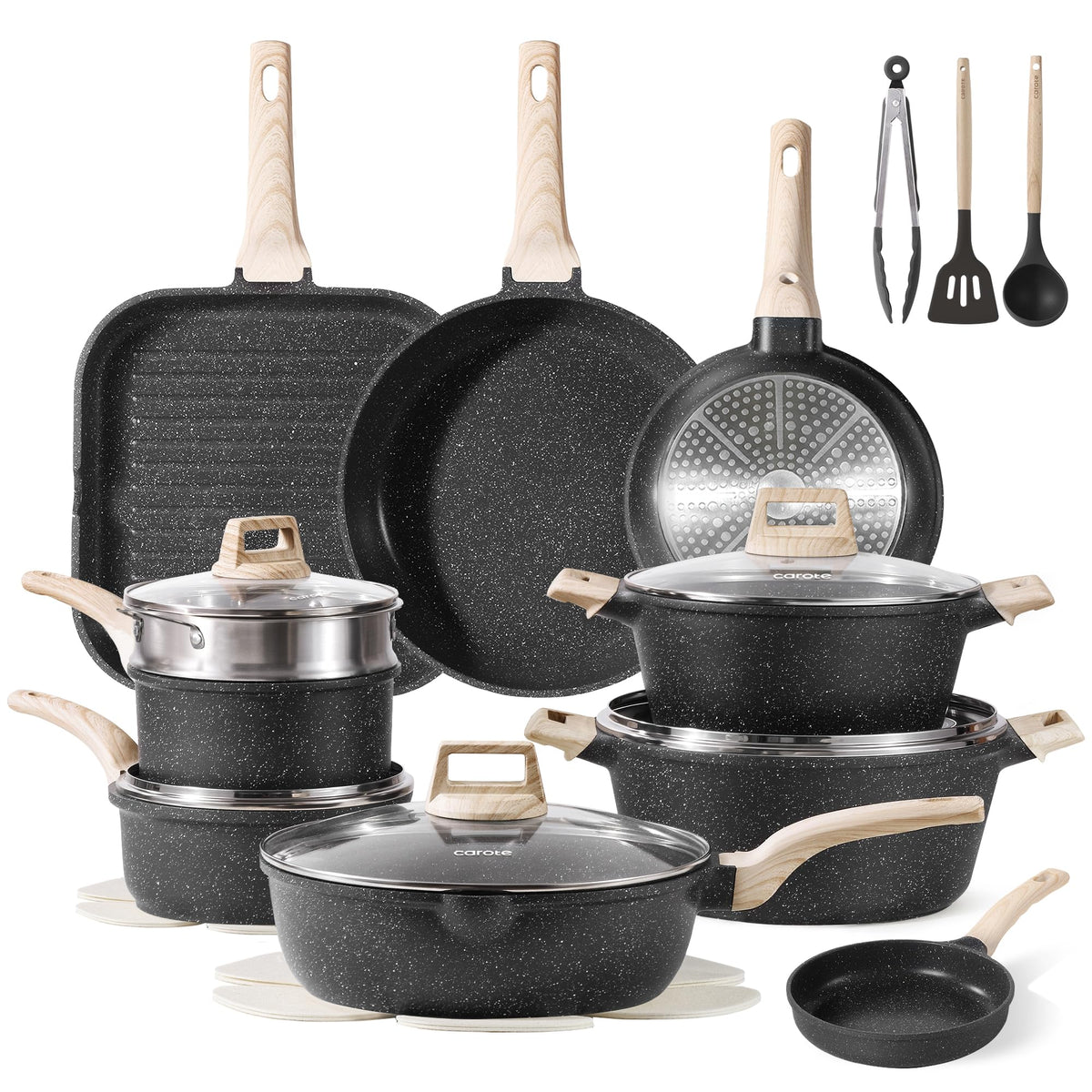 CAROTE 26Pcs Pots and Pans Set with granite nonstick for smoother cooking.