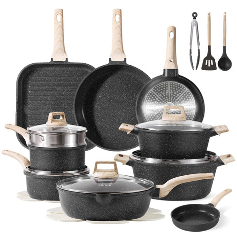 CAROTE 26Pcs Pots and Pans Set with granite nonstick for smoother cooking.