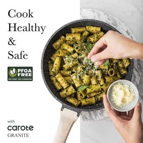 CAROTE cookware with lids and utensils helps prep and storage.