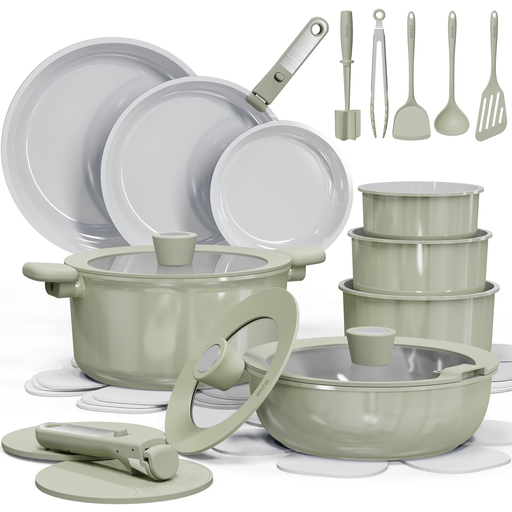 CAROTE 27pc ceramic cookware set with nonstick surface for effortless food release.
