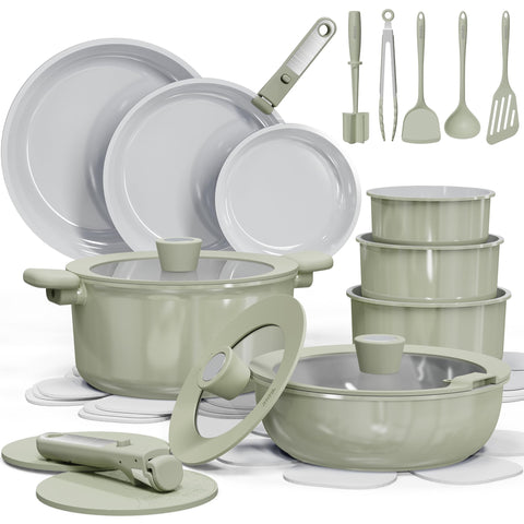 CAROTE 27pc ceramic cookware set with nonstick surface for effortless food release.