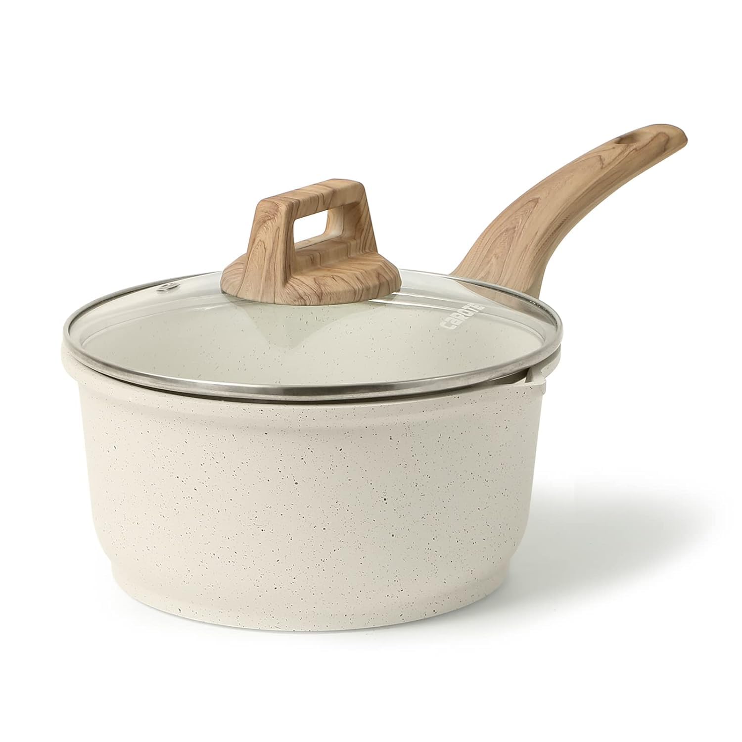 CAROTE 2Qt sauce pan with lid on stove shows even heat and easy pouring