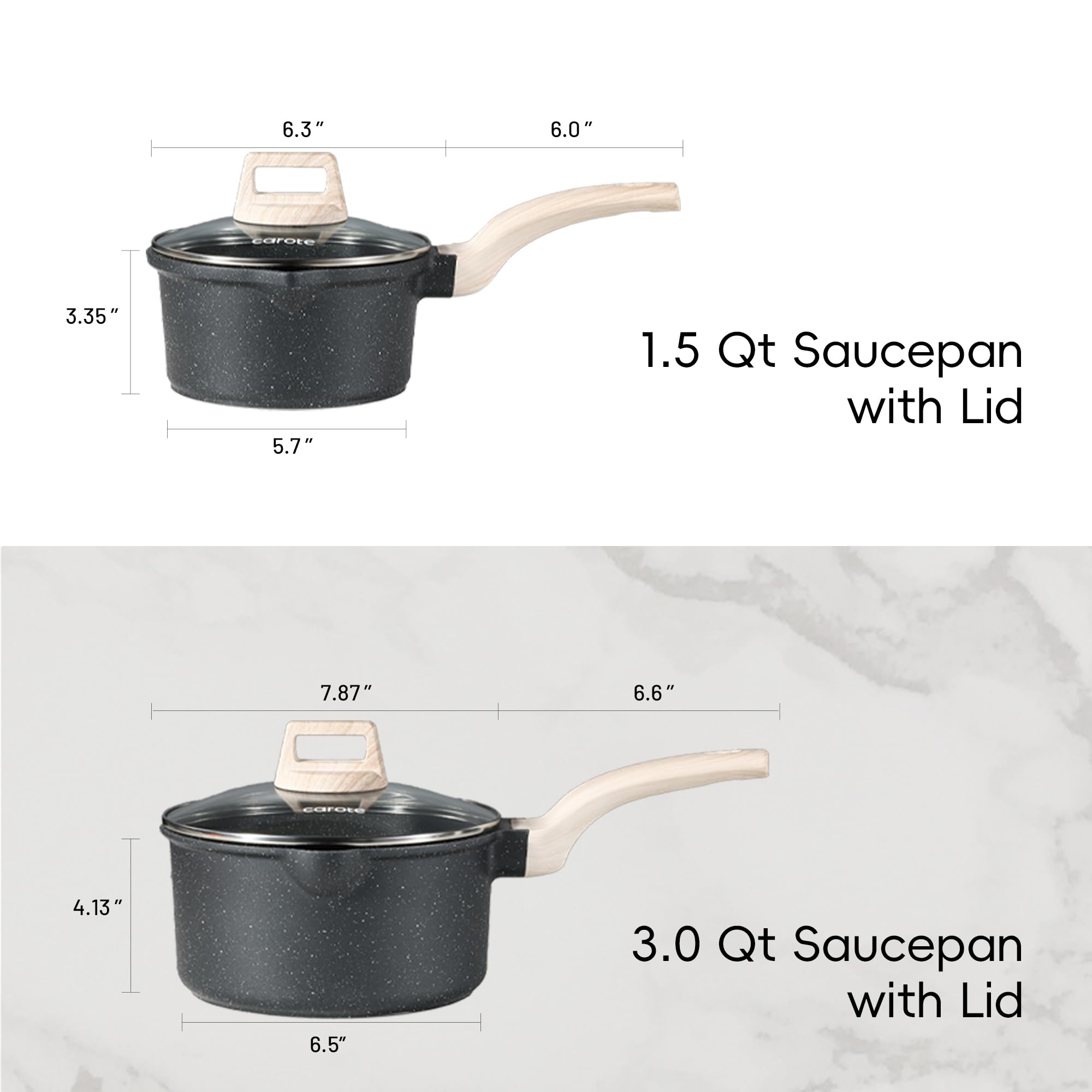 CAROTE 3.0qt saucepan with lid offering even heat on all stove types.