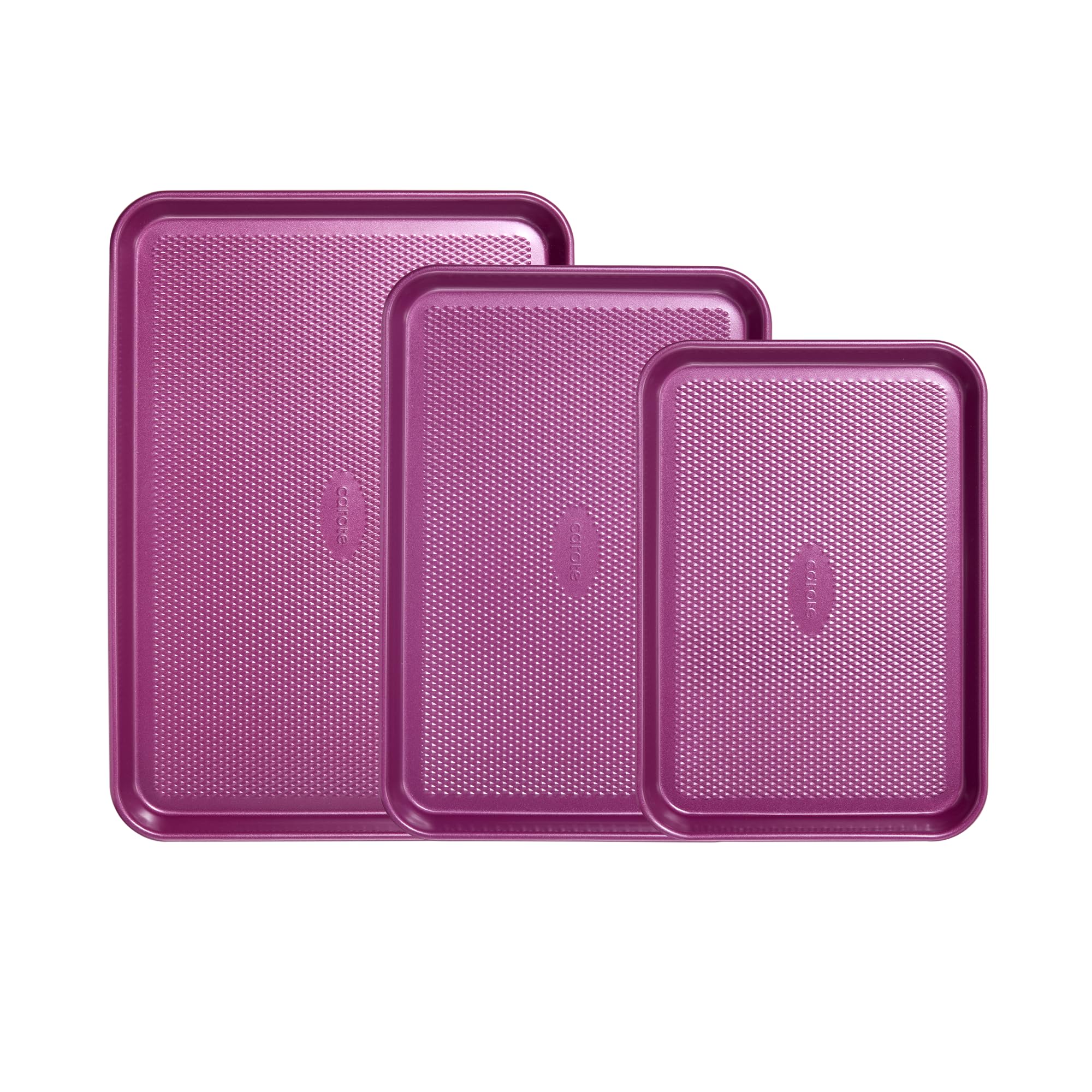 CAROTE 3-piece violet bakeware set stacked neatly for space-saving storage
