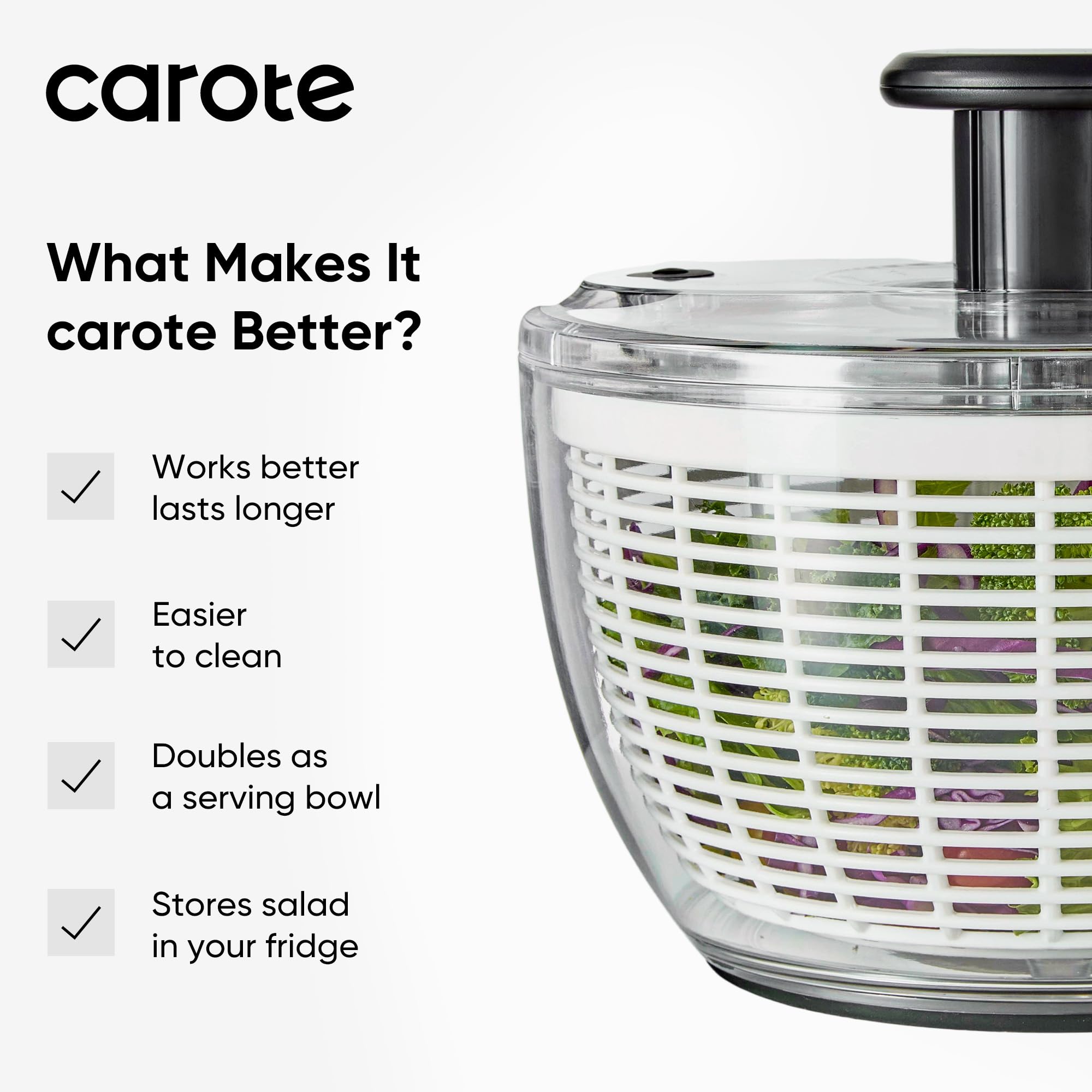 CAROTE 3.8qt salad spinner dishwasher-safe lid and durable construction.