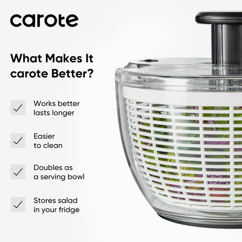 CAROTE 3.8qt salad spinner dishwasher-safe lid and durable construction.