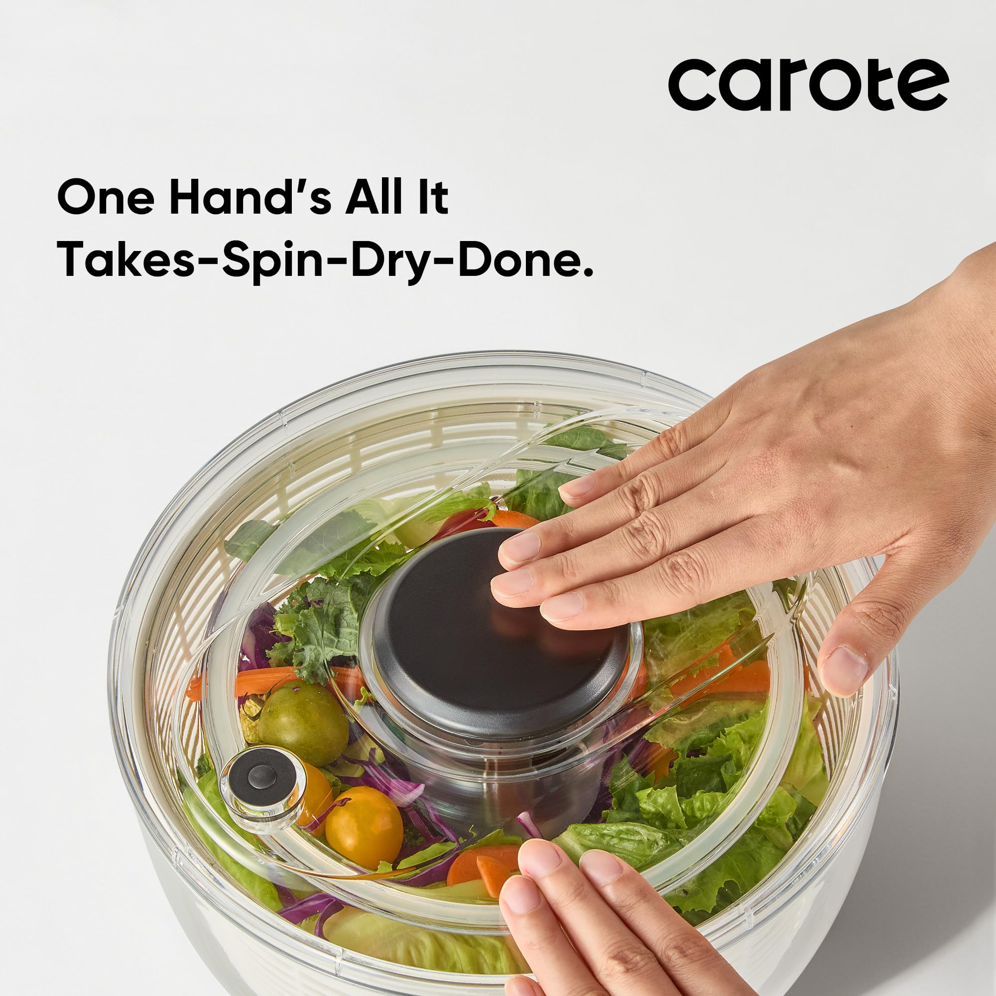 CAROTE 3.8qt salad spinner quick-brake mechanism for safe, splatter-free operation.