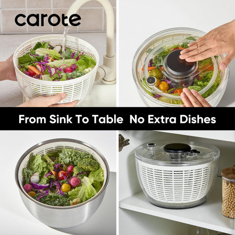 CAROTE 3.8qt salad spinner retractable handle for compact storage.