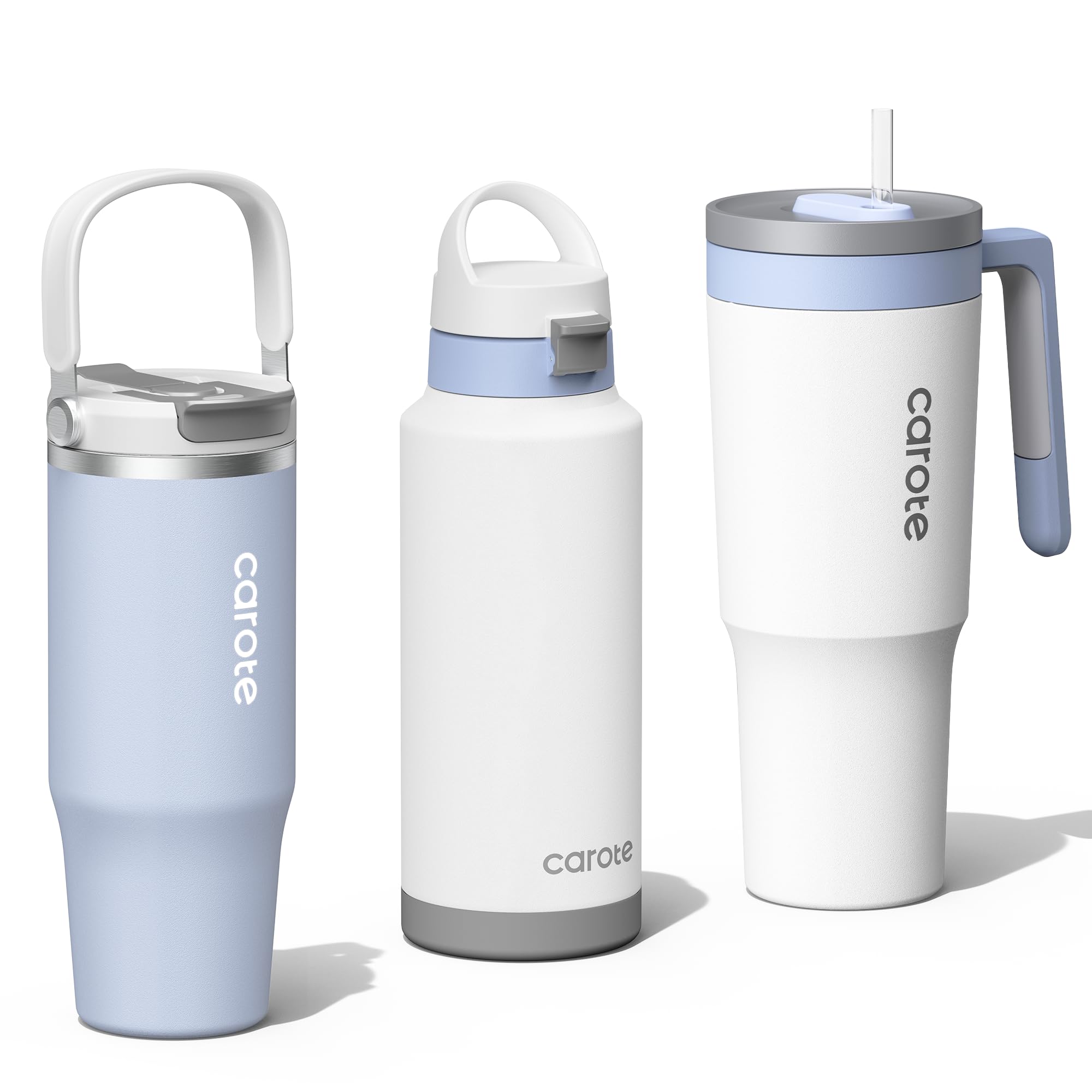 CAROTE 3-pack insulated bottles in blue set, ideal for home, car, and outdoors.