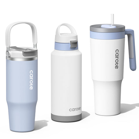 CAROTE 3-pack insulated bottles in blue set, ideal for home, car, and outdoors.