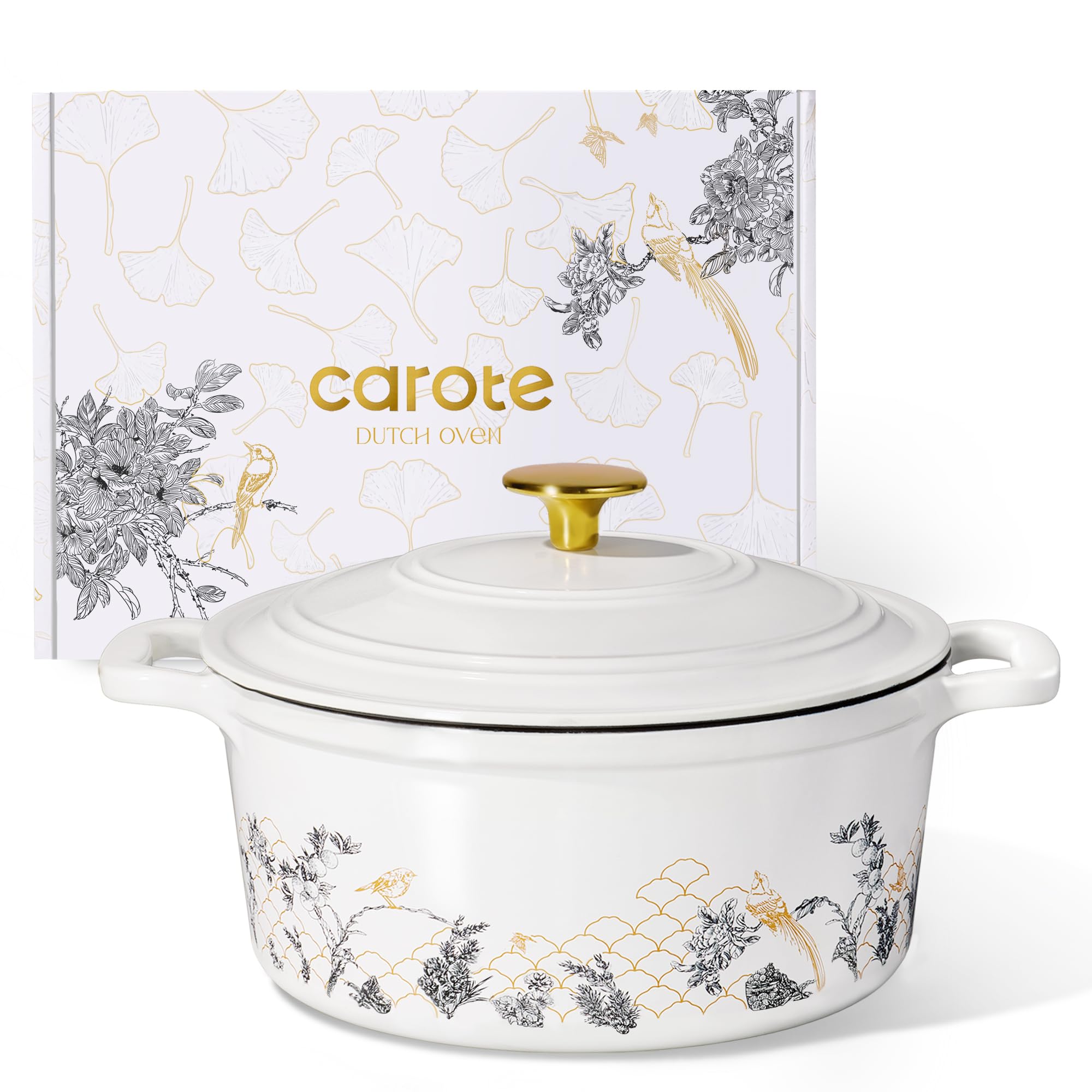 CAROTE 5QT Dutch oven with lid showing floral enamel finish for even heating.