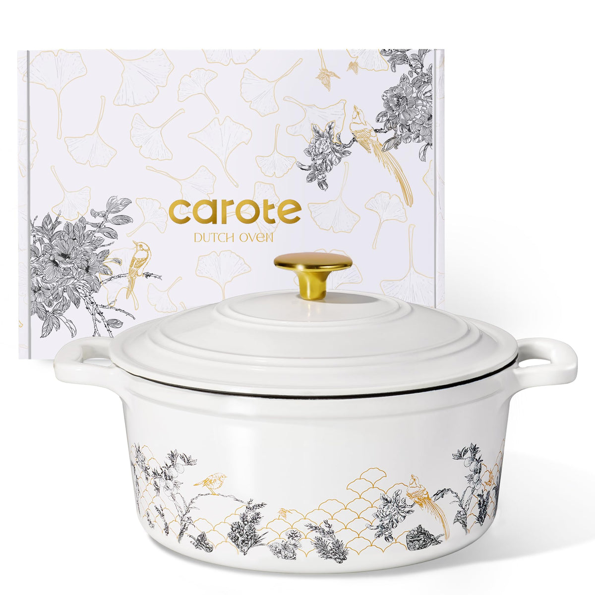 CAROTE 5QT Dutch oven with lid showing floral enamel finish for even heating.