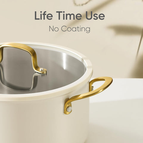 CAROTE stockpot outer ceramic layer resists stains for easy cleanup.