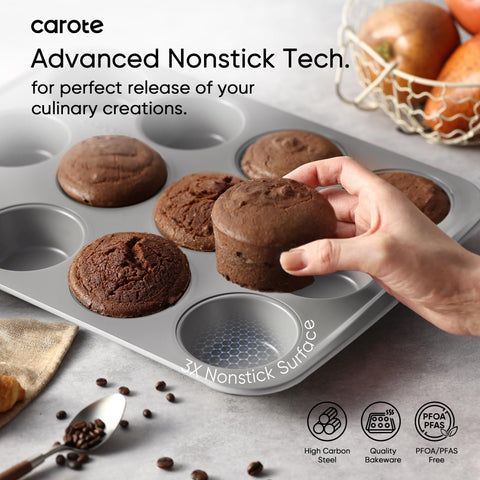 CAROTE muffin pan enabling consistent cups for fluffy muffins and even browning.