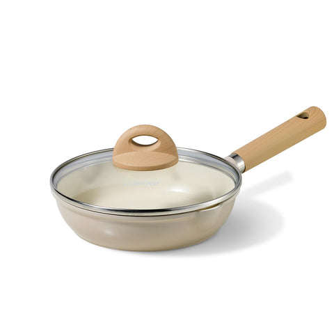 CAROTE 8-inch ceramic frying pan with lid showing easy cleanup and non-stick glide