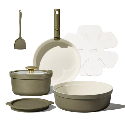 CAROTE 9pcs ceramic cookware set with detachable handles enables compact storage and flexible cooking.