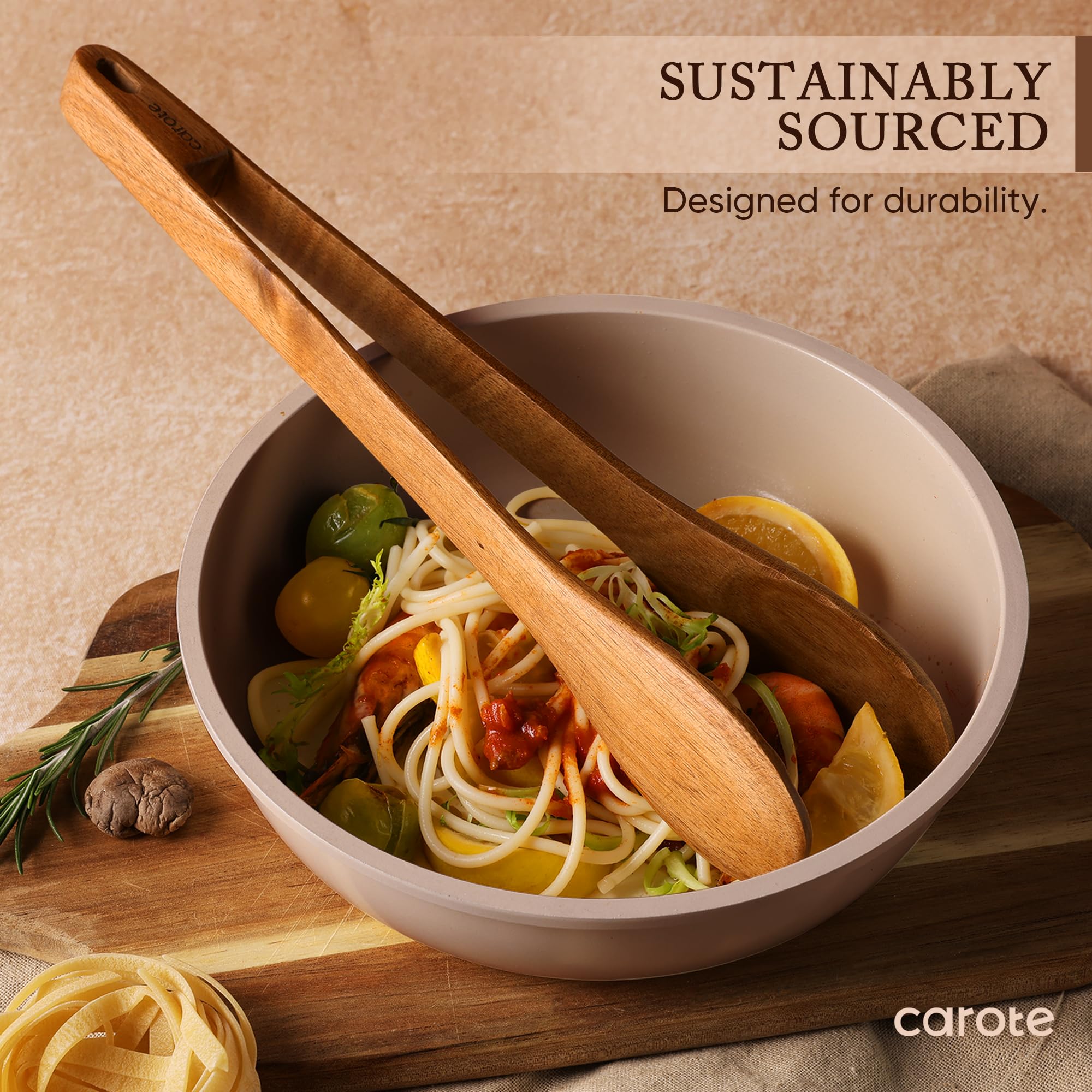 CAROTE solid wooden spoon in acacia wood; ideal for stirring and serving.