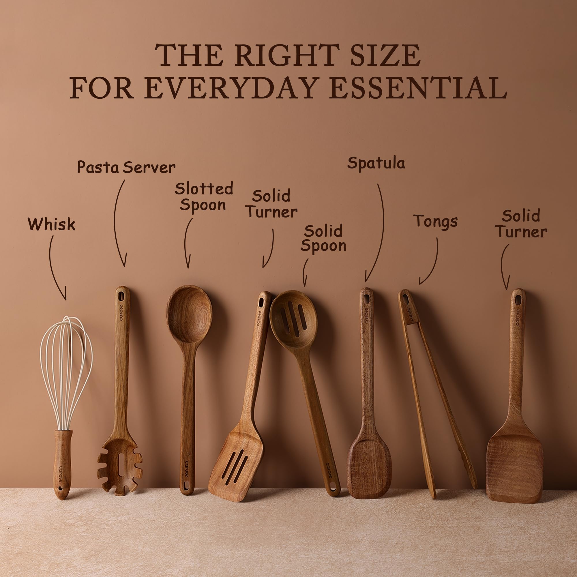 CAROTE solid turner in acacia wood; ergonomic handle for flipping and stirring.