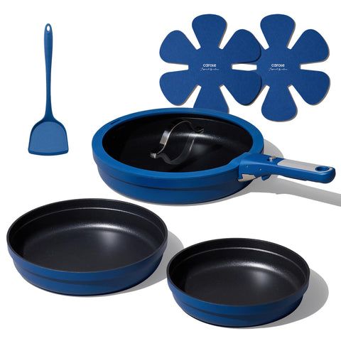 CAROTE blue 8-inch pan with lid for versatile stovetop to oven cooking
