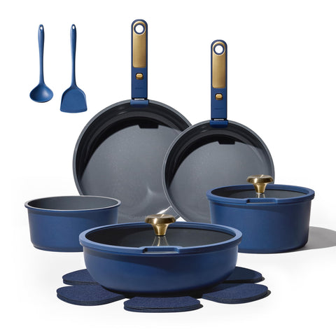 CAROTE Blue&Gold Ceramic Fry Pan 8in showing even heat and nonstick cooking in daily meals