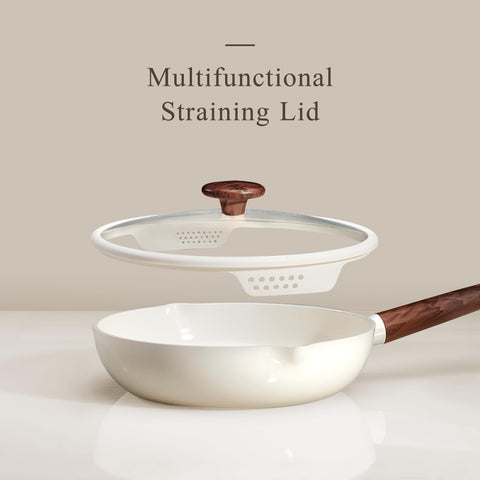 CAROTE ceramic-coated skillet set highlighting durable coating and easy cleanup.