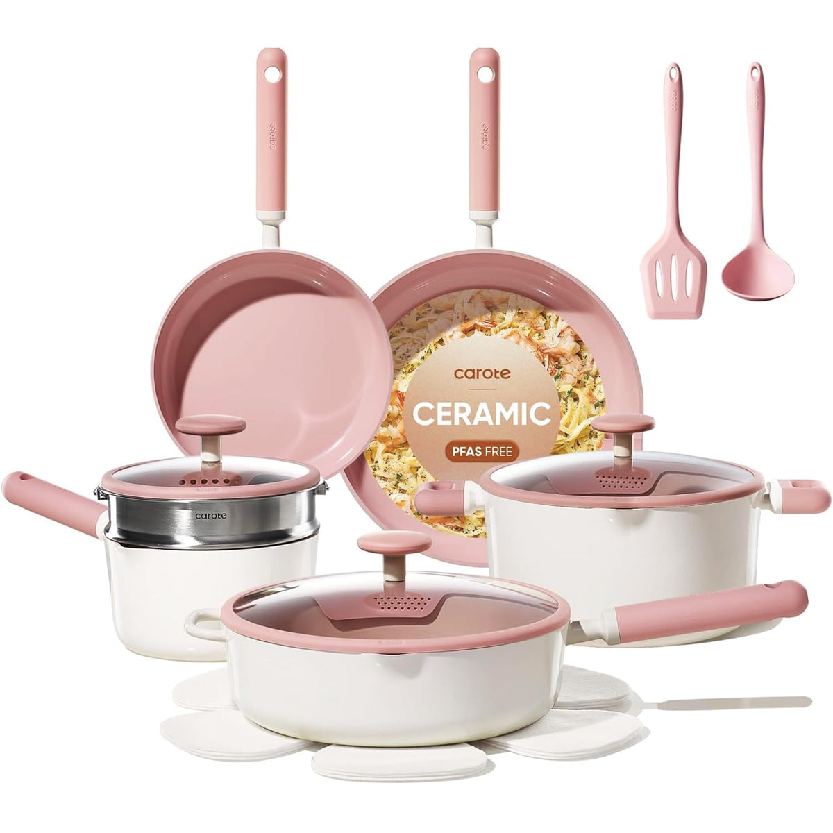 CAROTE 15pc pink ceramic cookware set displaying glossy nonstick surface for easy cleanup
