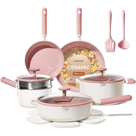 CAROTE 15pc pink ceramic cookware set displaying glossy nonstick surface for easy cleanup