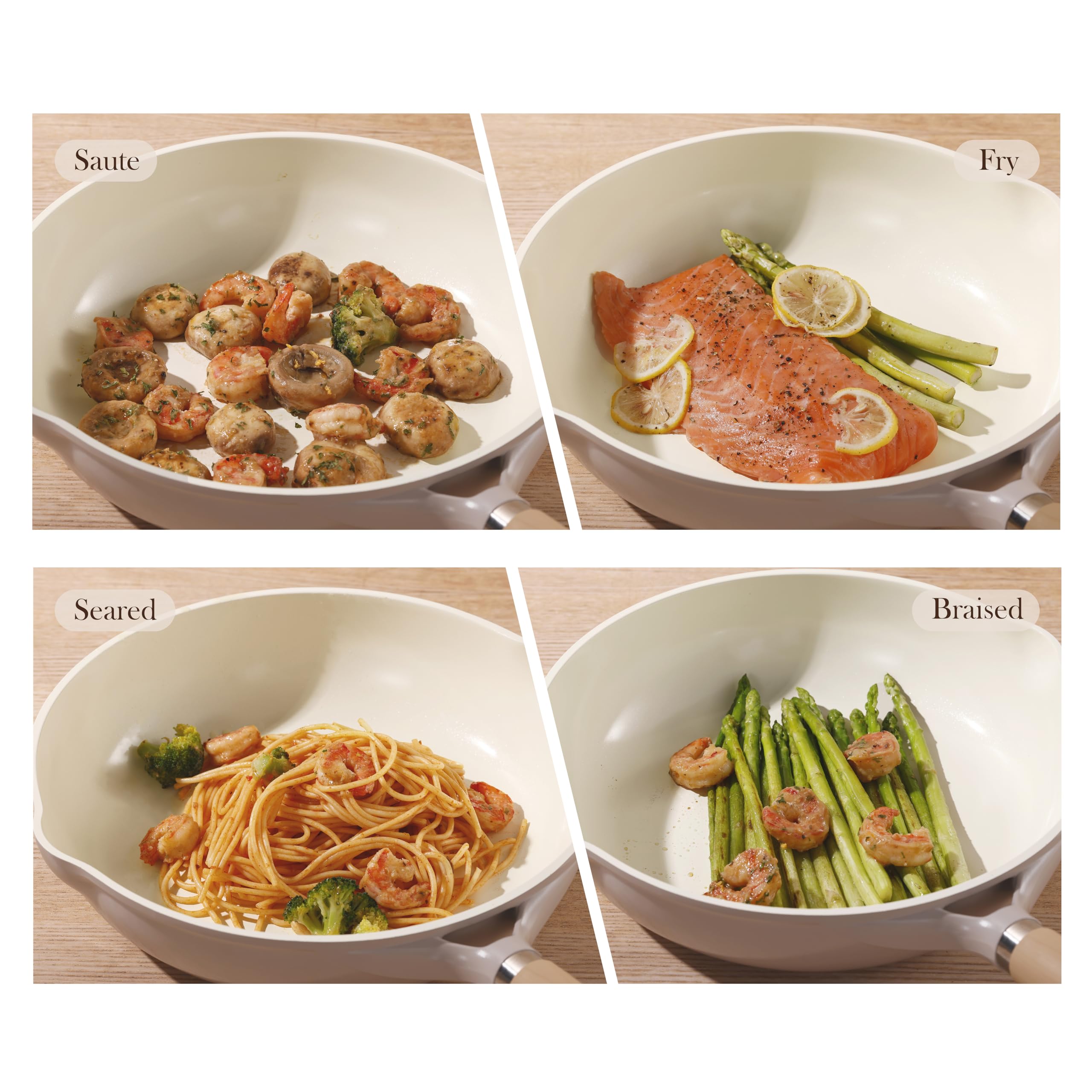 CAROTE taupe-colored ceramic pan on stovetop.