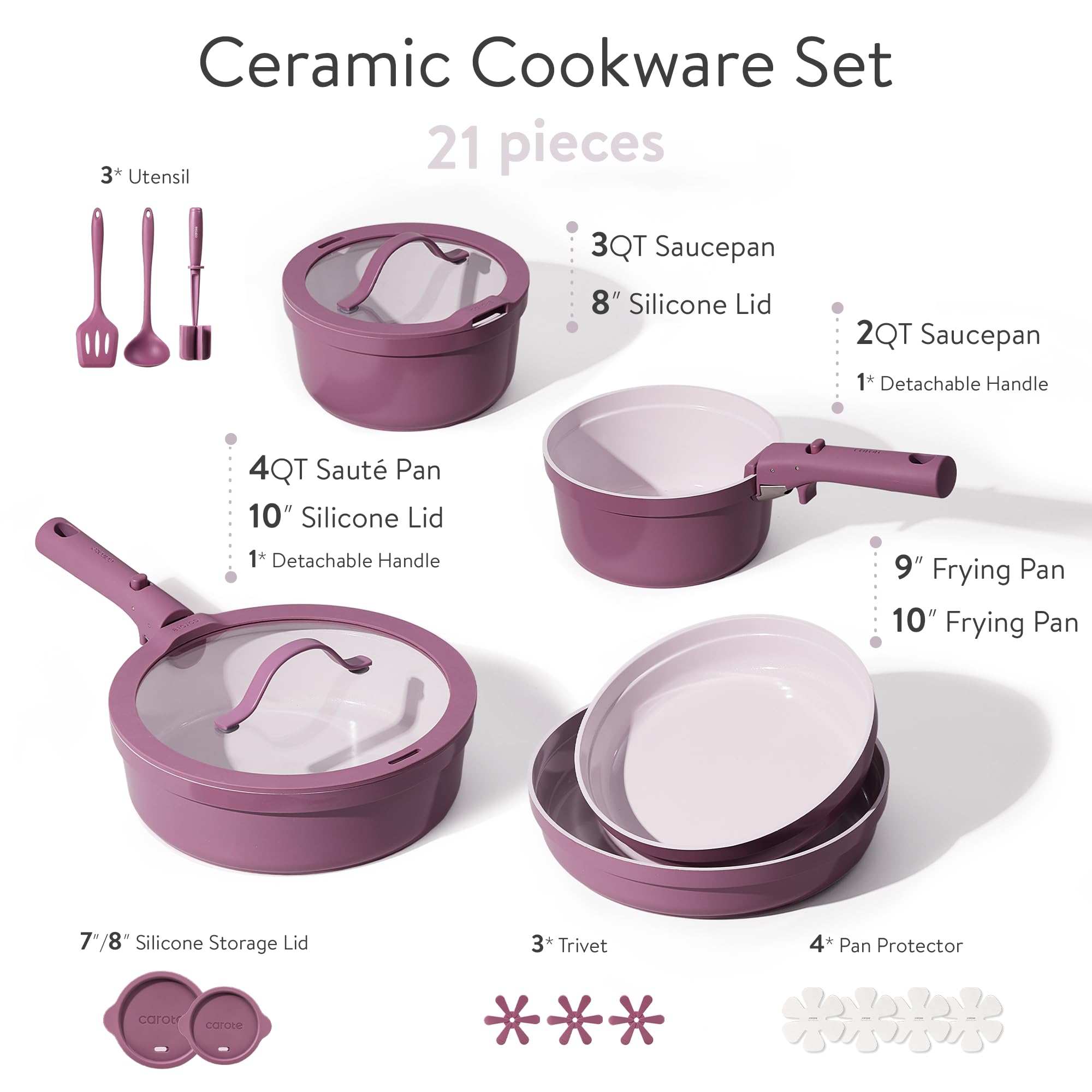CAROTE ceramic pots and pans with removable handle for easy storage.