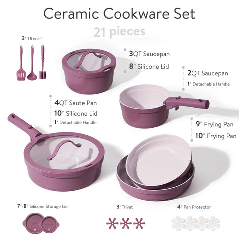 CAROTE ceramic pots and pans with removable handle for easy storage.