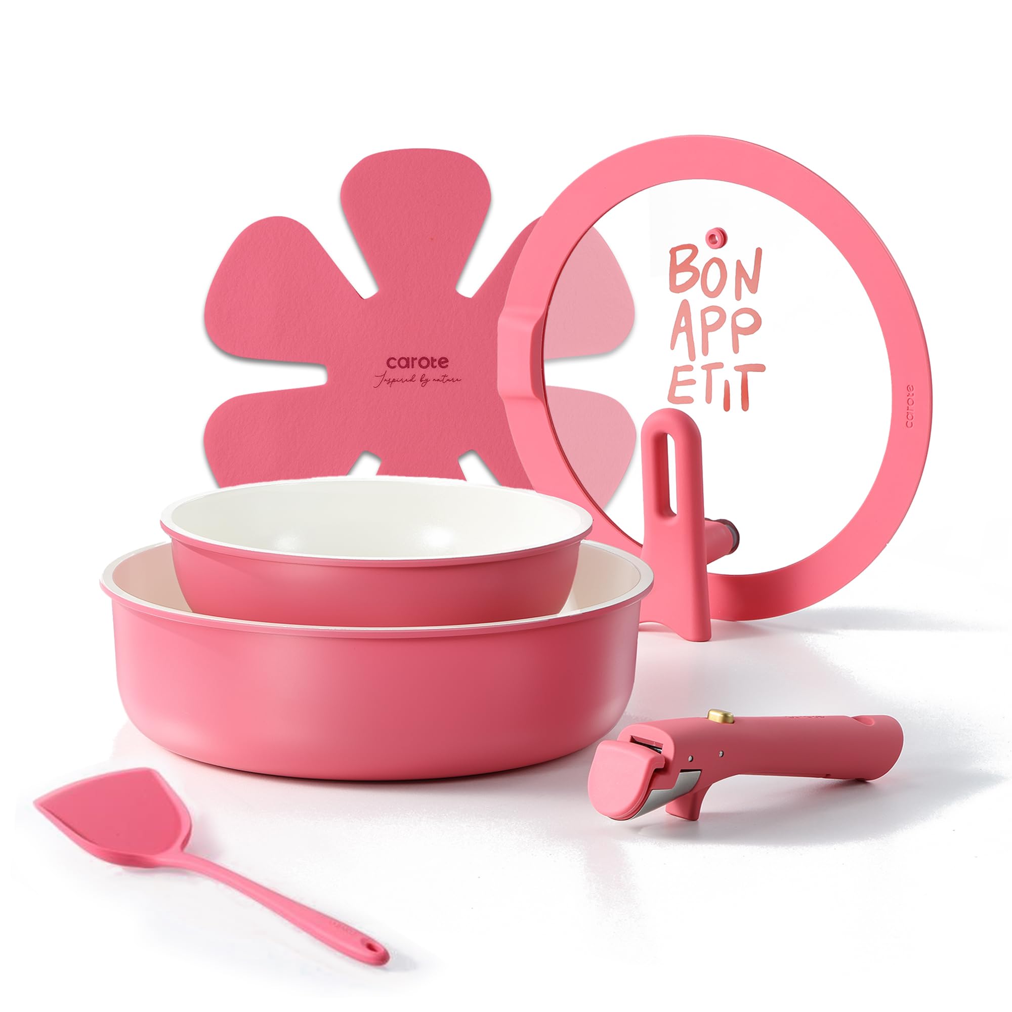CAROTE ceramic pots and pans set in pink with nonstick coating for easy cooking