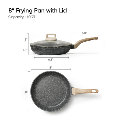 CAROTE 8in granite nonstick pan with glass lid seals heat and monitors cooking.