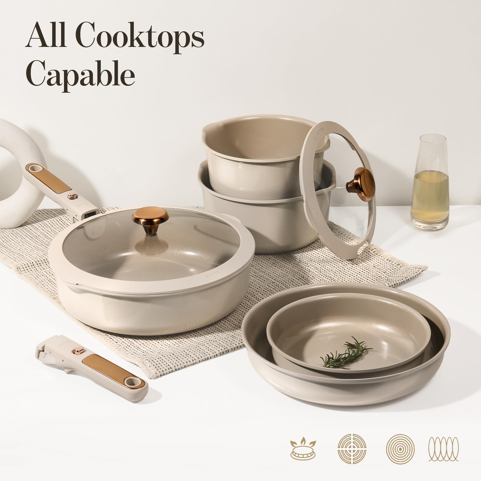 CAROTE fry pans with removable handles ready for compact storage and versatile cooking.