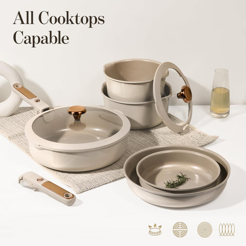 CAROTE fry pans with removable handles ready for compact storage and versatile cooking.