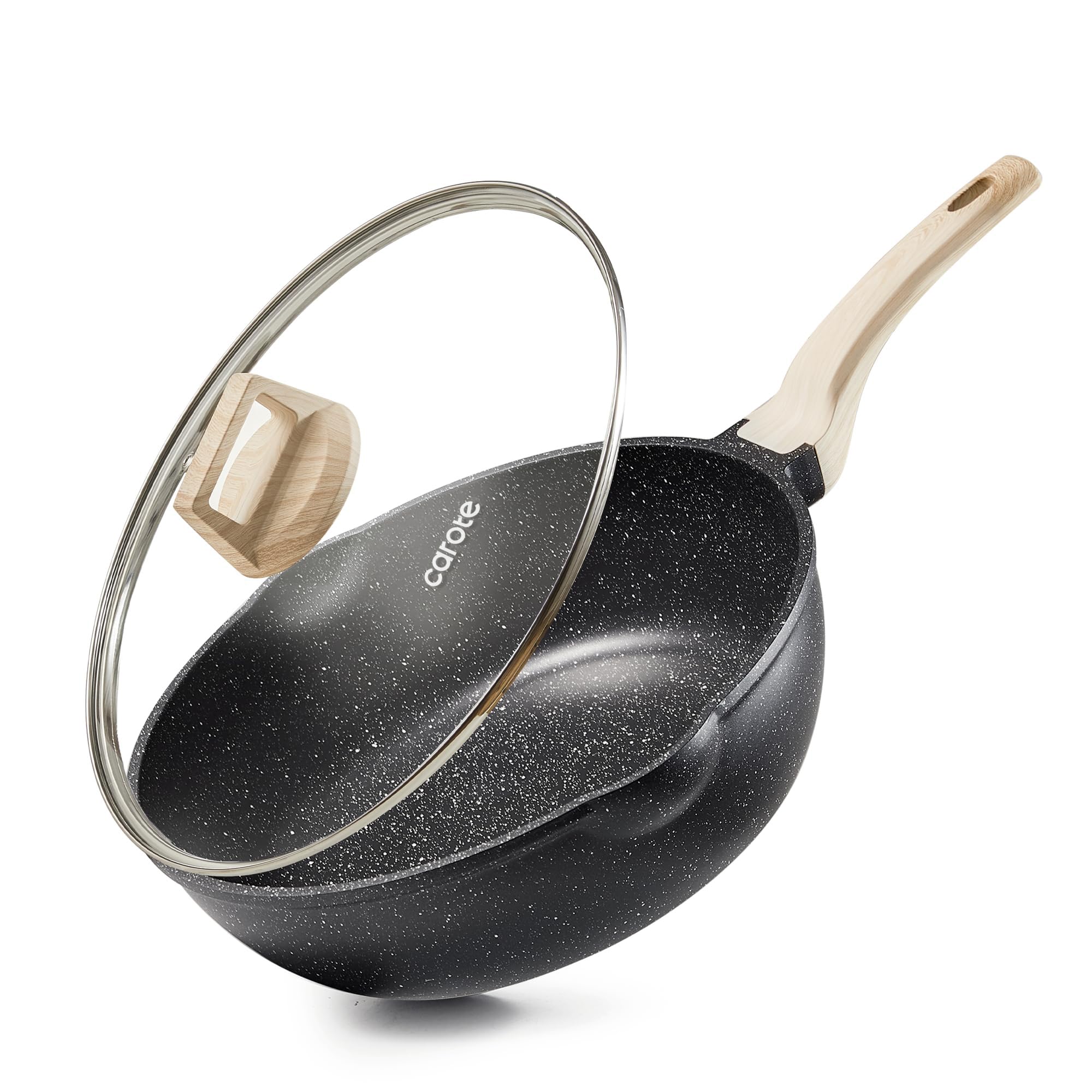 CAROTE deep nonstick frying pan with lid shows easy food release and even heat