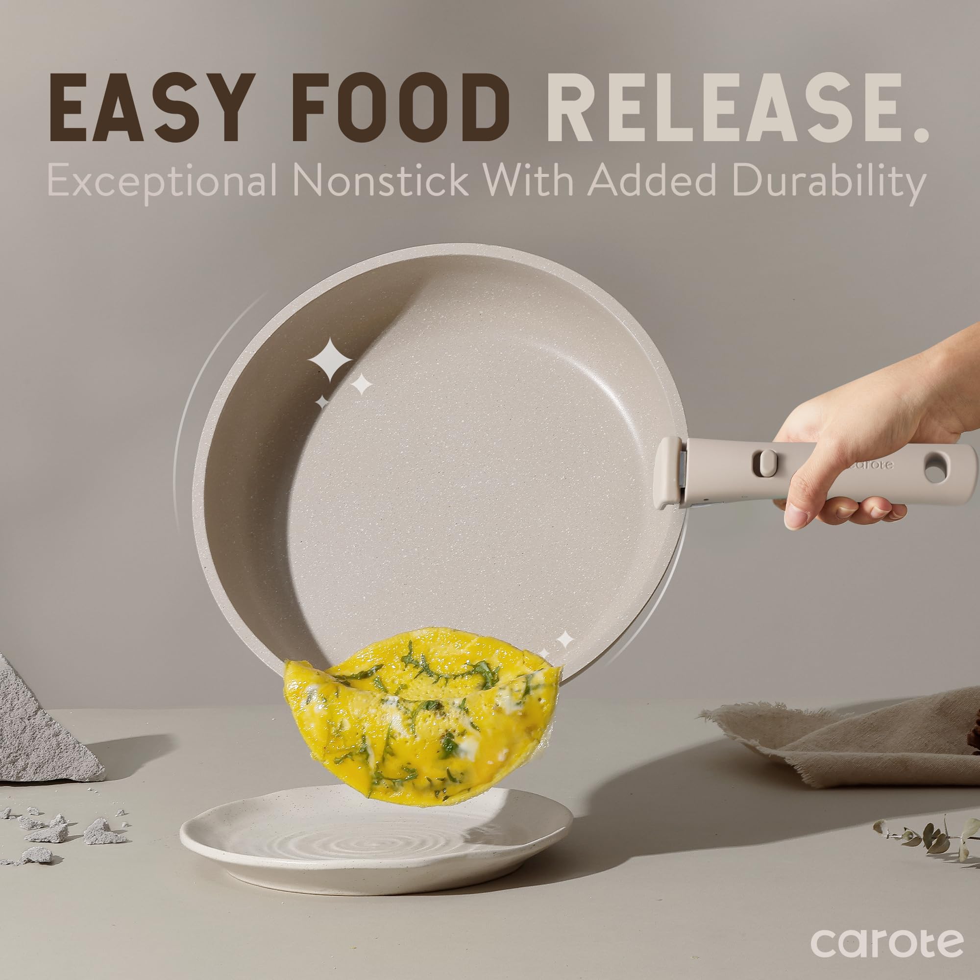 CAROTE 2-quart saucepan with removable handle for space-saving storage.