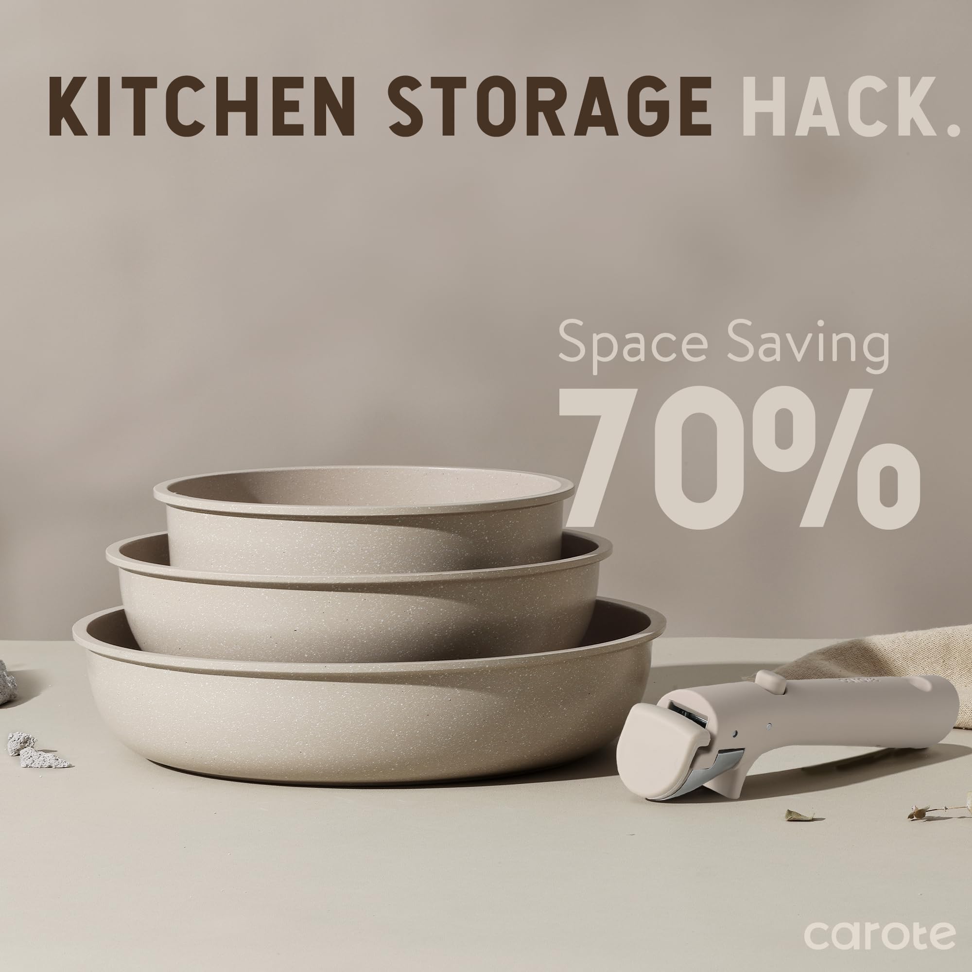 CAROTE 4-quart sauté pan with detachable handle for serving and storage.