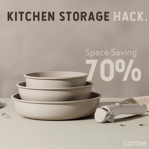 CAROTE 4-quart sauté pan with detachable handle for serving and storage.