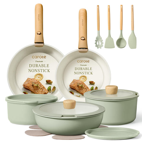 CAROTE detachable-handle pots and pans set showing compact storage capability
