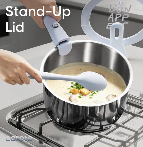 CAROTE detachable-handle saucepan shown for oven and storage flexibility