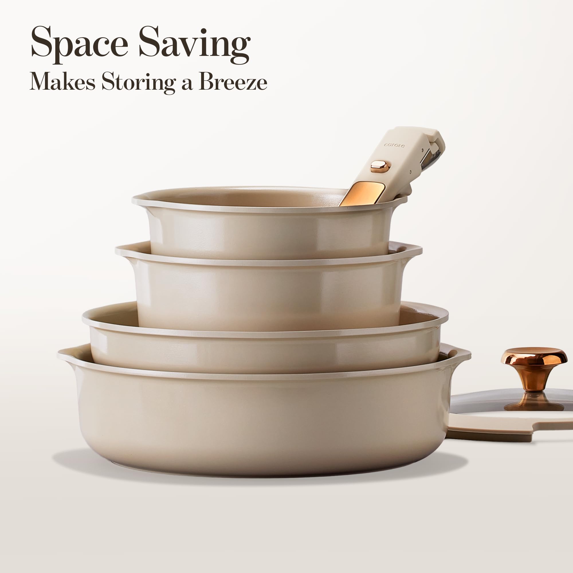 CAROTE detachable handles on pots and pans for versatile oven-to-table use.